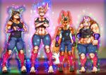  abs absurd_res anthro anthrpomorphic big_breasts blonde_hair blue_eyes bottomwear breasts brown_hair canid canine cervid clothing energy female fox fur green_eyes gulanerido gulanerido_(artist) hair hi_res hooves horn lagomorph leporid light_brown_fur long_hair look_intimidate male male/female mammal motana_(character) muscular orange_body orange_fur pants rabbit scar shirt sofi_(character) t-shirt topwear yellow_eyes 