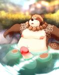  2021 absurd_res anthro balls big_balls blush brown_body brown_fur canid canine erection fur genitals gyobu hi_res hot_spring humanoid_genitalia humanoid_hands humanoid_penis male mammal moobs mr_oolong nipples onsen outside overweight overweight_male penis raccoon_dog scar sitting solo tanuki tokyo_afterschool_summoners video_games water 