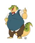  anthro belly bottomwear bow_tie clothing crocodile crocodilian crocodylid eyewear furrybob glasses green_body hi_res male overweight overweight_anthro overweight_male pants reptile scalie simple_background solo standing sweater sweater_vest teeth topwear vest white_background 