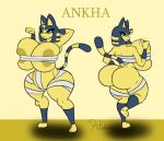  3_toes 4_fingers animal_crossing ankha_(animal_crossing) anthro areola bandage big_breasts big_butt blue_hair breasts butt convenient_censorship domestic_cat egyptian english_text feet felid feline felis female finger_wag fingers fur gesture hair half-closed_eyes huge_breasts huge_butt huge_hips huge_thighs hyper hyper_breasts hyper_butt hyper_thighs looking_at_viewer looking_back mammal narrowed_eyes nintendo pawpads pointing raised_leg riku9797 shadow signature simple_background solo standing text thick_thighs toes uraeus video_games wagging_finger wide_hips yellow_body yellow_fur 