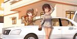  2girls aquaegg arm_up artist_name bag bangs beret blue_eyes brown_eyes brown_hair brown_sweater building car casual dark_skin dress eyebrows_visible_through_hair freckles girls_und_panzer grey_headwear ground_vehicle half-closed_eyes handbag hat highres holding key long_sleeves looking_at_another looking_back motor_vehicle multiple_girls open_mouth orange_sky outdoors short_dress short_hair sky smile standing suzuki_(girls_und_panzer) sweater sweater_dress tsuchiya_(girls_und_panzer) turtleneck_dress twilight twitter_username 