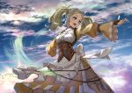  1girl absurdres blonde_hair breasts cloud cloudy_sky commission fire_emblem fire_emblem_awakening grey_eyes highres lissa_(fire_emblem) looking_to_the_side open_mouth outdoors outstretched_arms skeb_commission sky small_breasts trapiorra twintails upper_body wind 