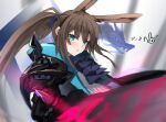  1girl amiya_(arknights) amiya_(guard)_(arknights) animal_ears arknights ascot black_jacket blue_eyes blurry blurry_foreground brown_hair bunny_ears character_name dragon eyebrows_visible_through_hair frilled_ascot frills frown holding holding_sword holding_weapon jacket light_blush long_hair looking_at_viewer open_mouth originium_arts_(arknights) ponytail raw_egg_lent solo_focus sword upper_body weapon 
