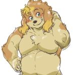  anthro belly blush canid canine canis domestic_dog exe_exem floppy_ears fluffy hisaki_(live-a-hero) live-a-hero male mammal navel pecs shirtless slightly_chubby solo 