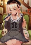  1girl absurdres beret black_headwear blonde_hair breasts chair dark_skin dark_skinned_female elf hat highres holding holding_phone hololive large_breasts long_hair phone pipin_try pointy_ears red_eyes shiranui_flare sitting skirt smile solo virtual_youtuber 