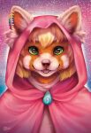  2021 ailurid anthro brown_body brown_fur digital_media_(artwork) ear_piercing ear_ring female fur goldendruid green_eyes looking_at_viewer mammal open_mouth piercing red_panda smile solo teeth tongue whiskers 