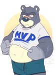  2021 3:4 animal_crossing anthro bodily_fluids bottomwear clothing curt_(animal_crossing) eclipsewolf hi_res humanoid_hands male mammal nintendo overweight overweight_male scar shirt shorts solo sweat topwear ursid video_games 