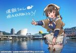  apron bandana black_hair blue_serafuku blue_skirt blue_sky breasts cityscape cloud commentary_request cowboy_shot dated day hair_flaps hair_ornament hairclip happy_birthday headgear jewelry jingei_(kancolle) kantai_collection kirisawa_juuzou large_breasts long_hair looking_at_viewer low_ponytail neckerchief numbered open_mouth outdoors photo_background pleated_skirt pointing red_eyes reflection ring sailor_collar school_uniform serafuku shawl skirt sky smile thighhighs traditional_media translation_request twitter_username waist_apron water wedding_band white_apron white_legwear white_neckwear 