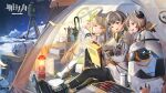  animal arknights blonde_hair brown_hair computer group ifrit_(arknights) logo long_hair magallan_(arknights) muelsyse_(arknights) night orange_eyes penguin pointed_ears short_hair shuaiaba snow sunglasses the_emperor_(arknights) twintails yellow_eyes 