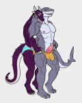  absurd_res anthro blush brock_(goodmoon) clothed clothing dragon duo fish genitals grey_body hi_res horn licking male male/male marine nipples penis purple_body shark sharkiedude simple_background standing tongue tongue_out topless underwear 
