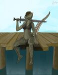  2021 5_fingers 5_toes 6_horns absurd_res anthro argonian armor belly bethesda_softworks big_breasts bikini black_claws black_toenails bottomwear breasts brown_body brown_scales brown_spikes chainmail_bikini claws clothing day deeja digital_drawing_(artwork) digital_media_(artwork) facial_scar fangs feet female fingers frown green_body green_scales green_tail head_horn hi_res holding_object holding_sword holding_weapon horn long_tail looking_at_viewer melee_weapon midriff multi_horn multicolored_bottomwear multicolored_clothing multicolored_topwear non-mammal_breasts non-mammal_navel outside scales scalie scar shaded signature sitting skeptical skyrim solo spe spiked_tail spikes spikes_(anatomy) swimwear sword tan_horn tan_tail the_elder_scrolls thick_thighs threatening toes topwear two_tone_bikini two_tone_bottomwear two_tone_clothing two_tone_tail two_tone_topwear unconvincing_armor unimpressed video_games water weapon yellow_eyes 