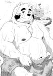  2021 anthro belly blush bodily_fluids hi_res humanoid_hands kemono male mammal monochrome moobs nipples overweight overweight_male shintatokoro sitting solo sweat towel ursid 