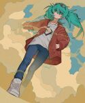  1girl aqua_eyes aqua_hair casual denim dutch_angle earrings eyewear_on_head floating_hair hand_in_pocket hatsune_miku highres jacket jeans jewelry messy_hair outstretched_arm pants red_jacket serious shoes sneakers sparrowl suna_no_wakusei_(vocaloid) sunglasses twintails v-shaped_eyebrows vocaloid walking white_footwear 