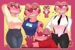  amphibian anthro bottomwear breasts clothing denim denim_clothing female frog half-closed_eyes hi_res jeans looking_at_viewer markings narrowed_eyes pants red_body red_eyes smile solo sonokido swimwear tongue yellow_tongue 