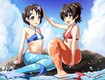  2girls :d akagi_miria bangs bikini bikini_bottom_removed bikini_top black_hair blue_bikini blue_sky breasts brown_eyes clam_shell cloud cloudy_sky collarbone commentary_request eyebrows_visible_through_hair headpat idolmaster idolmaster_cinderella_girls looking_at_another mermaid midriff monster_girl monsterification multiple_girls navel ocean open_mouth red_bikini riking rock sasaki_chie short_hair sidelocks sitting sky small_breasts smile starfish starfish_hair_ornament swimsuit transformation two_side_up 