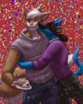  anthro birthday bite cake clothed clothing confetti cute_expression dessert duo eyes_closed food hermesdidit hi_res hug looking_at_another lucario male mammal nintendo pok&eacute;mon pok&eacute;mon_(species) rodent sciurid simple_background video_games 