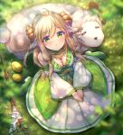  1girl :o ahoge animal bangs bare_shoulders blonde_hair blush breasts cleavage commentary_request detached_sleeves dress eyebrows_visible_through_hair food fruit full_body grass green_dress green_eyes green_footwear hair_between_eyes henacho highres horns jewelry long_hair looking_at_viewer medium_breasts nagi_(tartaros_online) necklace sheep sheep_horns shoes sidelocks sitting solo staff tartaros_online wide_sleeves 