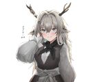  1girl alina_(arknights) arknights black_neckwear blouse blush brown_dress closed_mouth commentary_request dress eyebrows_visible_through_hair grey_hair grey_sash hair_ornament hand_on_own_face hand_up highres horns light_blue_eyes long_hair long_sleeves looking_at_viewer neckerchief pointy_ears raw_egg_lent sash simple_background sleeveless sleeveless_dress smile solo upper_body white_background white_blouse 