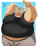  2021 anthro armpit_hair blue_hair body_hair bottomwear clothing gouryou hair hi_res humanoid_hands kemono male mammal obese obese_male overweight overweight_male pants shirt solo suid suina sus_(pig) tdph2dubnoxxthu tokyo_afterschool_summoners topwear video_games wild_boar 