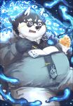  2021 anthro black_body black_fur black_nose book bottomwear canid canine canis clothing domestic_dog eyewear food fur glasses humanoid_hands husky kemono magic male mammal masanori natamaru_a necktie nordic_sled_dog overweight overweight_male pants shirt solo spitz tokyo_afterschool_summoners topwear video_games white_body white_fur 