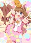  1girl animal_ears bangs blush brown_hair bunny_ears choker dress easter_egg egg eyebrows_visible_through_hair fake_animal_ears gen_3_pokemon gen_4_pokemon grey_eyes hair_between_eyes haru_(haruxxe) highres jumping looking_at_viewer lopunny may_(pokemon) one_eye_closed pantyhose pink_choker pokemon pokemon_(creature) pokemon_(game) pokemon_masters_ex pokemon_oras torchic v wrist_cuffs yellow_legwear 