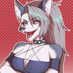  1:1 anthro breasts canid canid_demon clothing collar demon eyebrows eyelashes female fur grey_body grey_fur grey_hair hair hellhound helluva_boss hi_res inner_ear_fluff loona_(vivzmind) mammal multicolored_body multicolored_fur open_mouth open_smile red_background red_sclera redromace sharp_teeth simple_background smile spiked_collar spikes teeth tongue torn_clothing tuft white_body white_eyes white_fur 