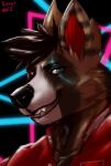  abstract_background anthro canid canine canis clothing corey_coyote coyote fur hermesdidit hi_res jacket looking_at_viewer male mammal multicolored_body multicolored_fur portrait smile solo topwear 