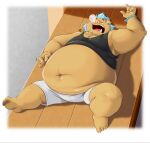  anthro belly blue_hair bracelet clothing gouryou hair jewelry male mammal navel overweight pokelai shirt sleeping solo suid suina sus_(pig) tank_top tokyo_afterschool_summoners topwear tusks video_games wild_boar 