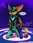  alien anthro armor bulge clothing crouching dialogue excited genital_outline headgear helmet hi_res insomniac_games lombax male mammal masturbation penis_outline ratchet ratchet_and_clank ratchet_and_clank:_rift_apart solo sony_corporation sony_interactive_entertainment stripes tight_clothing tobbywolf video_games 