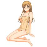  a1 absurdres bare_shoulders barefoot blush brown_hair feet highres long_hair maria-sama_ga_miteru naked_towel no_panties open_mouth orange_eyes pubic_hair pussy_peek sitting solo toes toudou_shimako towel wet 