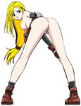  anus ass bent_over blonde_hair blue_eyes breasts elbow_gloves final_fantasy final_fantasy_vii from_behind gloves highres looking_back medium_breasts pussy simple_background solo tifa_lockhart white_background 