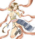  areolae blue_eyes blush boots breasts brown_hair censored cum earrings final_fantasy final_fantasy_x final_fantasy_x-2 green_eyes heterochromia jewelry large_breasts long_hair mosaic_censoring necklace nipples open_clothes open_shirt shirt short_hair solo tentacle_sex tentacles yuna_(ff10) 