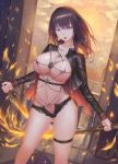  1girl black_hair black_jacket black_panties breasts brown_eyes cleavage dual_wielding fire flame holding jacket jewelry large_breasts long_hair long_sleeves navel necklace open_mouth original panties railing revealing_clothes rinmmo sky solo sun thigh_strap thighs underwear 