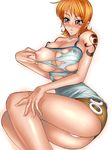  blush breasts brown_eyes highres huge_breasts kagami_hirotaka nami_(one_piece) nipples one_piece orange_hair panties pencil_skirt short_hair skirt solo tattoo torn_clothes underwear 