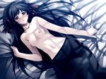  bed_sheet black_eyes black_hair blush bow cartagra dutch_angle flat_chest game_cg hair_bow kouzuki_kazuna long_hair lying moonlight navel nipples non-web_source on_back panties panties_under_pantyhose pantyhose sheet_grab solo sugina_miki topless underwear 