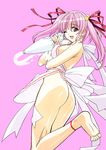  anklet apron ass barefoot breasts cream feet highres jewelry kuroda_kazuya large_breasts naked_apron original pink_eyes pink_hair ribbon soles solo toes 