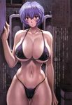  arm_support ayanami_rei bb big_breasts bikini black_bikini blue_hair blush breasts cleavage curvy cute erect_nipples highres hips large_breasts mogudan narrow_waist navel neon_genesis_evangelion pubic_hair red_eyes short_hair skin_tight swimsuit thick_thighs thighs translated wide_hips 