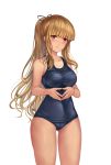  1girl bangs bare_arms bare_shoulders black_ribbon blonde_hair blue_swimsuit blunt_bangs blush breasts brown_dust cameltoe closed_mouth cowboy_shot gluteal_fold hair_ribbon head_tilt highres legs_apart long_hair looking_at_viewer medium_breasts old_school_swimsuit own_hands_together ponytail red_eyes ribbon school_swimsuit sidelocks simple_background solo standing steepled_fingers swimsuit thighs white_background yougen_kitsune 