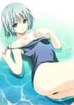  bare_shoulders beach blue_eyes breasts koutaro lying nipples non-web_source one-piece_swimsuit original pulled_by_self school_swimsuit short_hair silver_hair small_breasts solo swimsuit swimsuit_pull water 