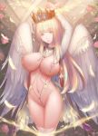  1girl angel arms_up blonde_hair breasts cape cleavage crown feathered_wings flower large_breasts looking_at_viewer navel red_eyes revealing_clothes rinmmo rose solo standing sweat thighhighs white_feathers white_legwear white_wings wings 