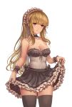  1girl bangs bare_arms bare_shoulders black_choker black_dress blonde_hair blunt_bangs blush breasts brown_dust brown_legwear choker cleavage closed_mouth commentary_request cowboy_shot dress frilled_choker frilled_cuffs frilled_dress frills head_tilt highres lace lace-trimmed_dress legs_apart long_hair looking_at_viewer maid maid_headdress medium_breasts red_eyes sidelocks simple_background skirt_hold solo standing striped thighhighs white_background wrist_cuffs yougen_kitsune 