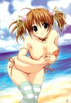  ahoge beach bikini blush breasts brown_eyes brown_hair choker cleavage comic_moog day hair_ribbon highres large_breasts leaning_forward nipple_slip nipples non-web_source original outdoors ribbon scan shindou_mikeko side-tie_bikini skindentation smile solo strap_slip striped striped_legwear swimsuit thighhighs twintails water 