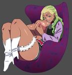  areolae armchair beatrice_grese blassreiter blonde_hair boots breasts chair dark_skin glasses green_eyes green_hair huge_breasts huge_nipples large_areolae multicolored_hair navel nipple_tweak nipples open_clothes open_shirt shirt sitting solo tetrodotoxin two-tone_hair 