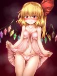  1girl :q babydoll bangs bare_arms bare_shoulders blonde_hair bow bow_panties breasts breath cleavage collarbone commentary_request cowboy_shot crystal cum eyebrows_visible_through_hair fang flandre_scarlet gluteal_fold gradient gradient_background hair_between_eyes highres lifted_by_self long_hair looking_at_viewer m9kndi nail_polish navel no_hat no_headwear panties pink_panties red_background red_eyes red_nails side-tie_panties side_ponytail small_breasts smile solo standing stomach thighs tongue tongue_out touhou underwear underwear_only wings 