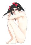  10s 1girl areolae barefoot black_hair bow flat_(joppin_karu!) flat_chest full_body hair_bow light_blush looking_at_viewer love_live! love_live!_school_idol_project medium_hair nipples nude parted_lips red_eyes simple_background solo tied_hair twintails white_background yazawa_nico 