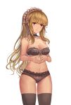  1girl bangs black_bra black_choker black_panties blonde_hair blunt_bangs blush bra breasts brown_dust brown_legwear choker closed_mouth cowboy_shot frilled_choker frills gluteal_fold head_tilt highres lace lace-trimmed_bra lace-trimmed_panties legs_apart long_hair looking_at_viewer maid_headdress medium_breasts navel own_hands_together panties red_eyes sidelocks simple_background solo standing steepled_fingers stomach thighhighs underwear white_background yougen_kitsune 