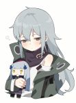  1girl bangs bare_shoulders beret black_hat black_scarf blush brown_eyes coat commentary_request doll g11_(girls_frontline) girls_frontline green_hair green_jacket hair_between_eyes hat hk416_(girls_frontline) holding holding_doll jacket long_hair looking_at_viewer open_clothes open_coat scarf shirt sidelocks simple_background solo upper_body white_background white_shirt yuki_hotaru 