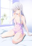  10s 1girl areola_slip areolae arm_support bang_dream! bare_shoulders bed bedroom breasts brown_eyes cleavage eyebrows_visible_through_hair flower half-closed_eyes head_tilt indoors kneeling light_blush long_hair looking_at_viewer medium_breasts minato_yukina no_bra on_bed one_eye_closed pillow sakamata shadow silver_hair solo strap_slip vase window 