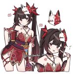  1girl akanbe bare_shoulders bell black_choker black_gloves breasts brown_hair chest_tattoo choker commentary_request criss-cross_halter cropped_legs dress expressionless eyelid_pull flower_tattoo fox_mask gloves halterneck highres honkai:_star_rail honkai_(series) inuchacha_inu long_hair looking_at_viewer mark_under_both_eyes mask mask_on_head multiple_views neck_bell o-ring o-ring_top red_dress red_eyes single_glove sparkle_(honkai:_star_rail) tattoo tongue tongue_out twintails twitter_username 