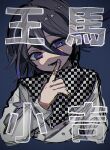  1boy bandaid bandaid_on_hand bangs black_hair blue_background buttons checkered checkered_background checkered_kimono checkered_neckwear checkered_scarf cropped_torso danganronpa_(series) danganronpa_v3:_killing_harmony double-breasted gradient gradient_background grey_jacket hand_up highres index_finger_raised jacket japanese_clothes kara_aren kimono long_sleeves looking_at_viewer male_focus messy_hair open_mouth ouma_kokichi purple_eyes purple_hair scarf short_hair solo translation_request upper_body 